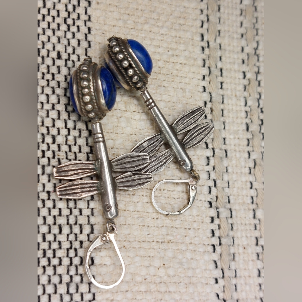 Vintage Sterling Silver Lapis Dragonfly Earrings Double-Sided Rotating Design - Picture 6 of 11